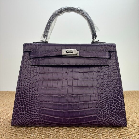 Handmade Handbags - Kelly 25 Crocodile Embossed Structured Handbag Luxe Purple